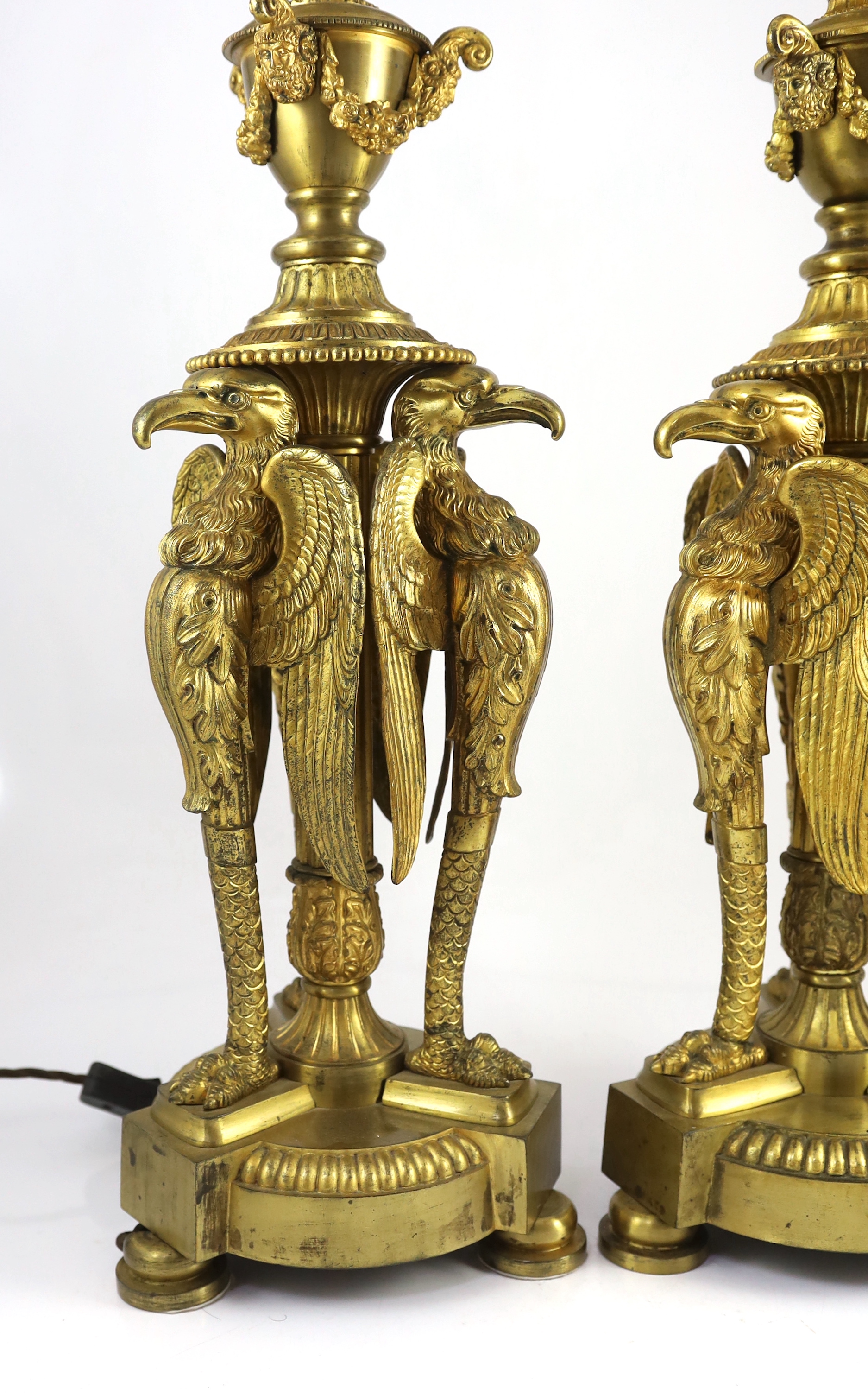 A pair of Empire Revival ormolu table lamps, overall 91cm high